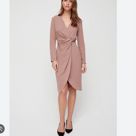 Aritzia Babaton Twist Front Long Sleeve Dress Beige Taupe Size Small - Picture 2 of 6